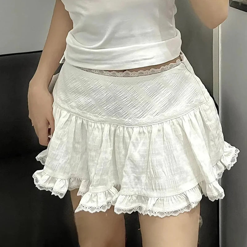 BXOXO Balletcore Ruffled Mini Skirt with Lace Trim Low Rise Tiered White Skirt Summer Women TeenGirl Y2K Goth Outfit