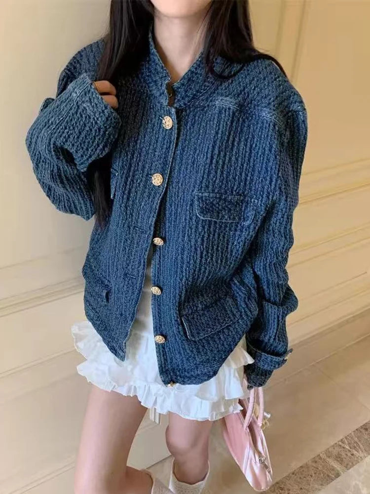 Bxoxo Vintage Stand Collar Denim Jacket Women Autumn Loose Streetwear Single Breasted Coats Y2K Korean Chic Long Sleeve Casual Outwear