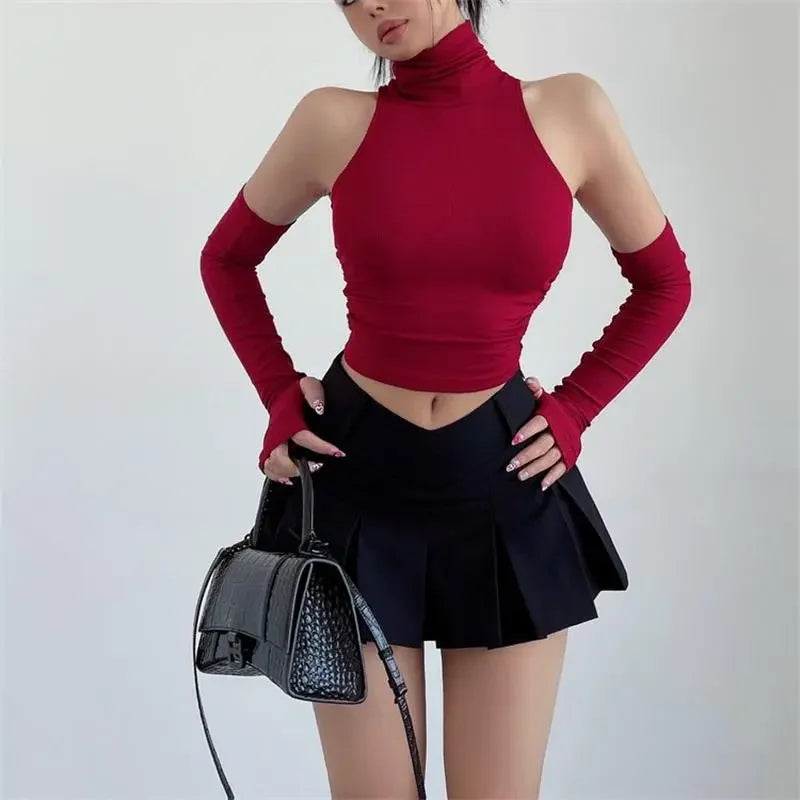 BXOXO New Spicy Girls Y2k Tops Oversleeve Sexy Turtleneck Tank Top for Women's Slim Fit Short tshirt Skinny Streetwear Crop Top