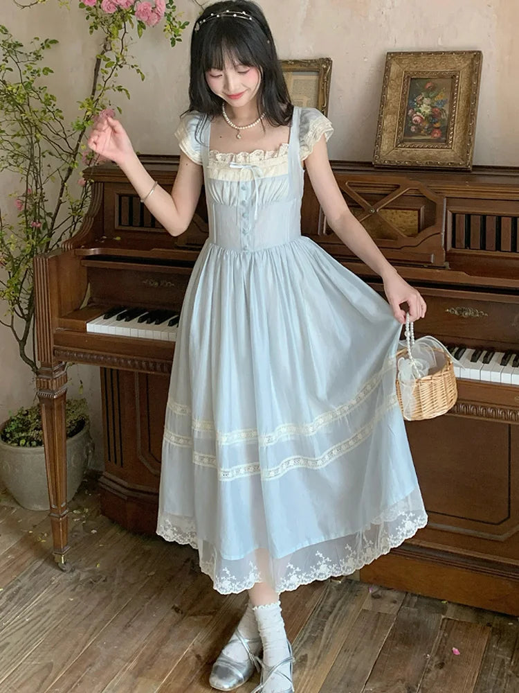 BXOXO Elegant Blue Long Dress Women Sweet Lace Patchwork Vintage Dress High Quality Casual Flying Sleeve Bow Lady Retro Vestidos