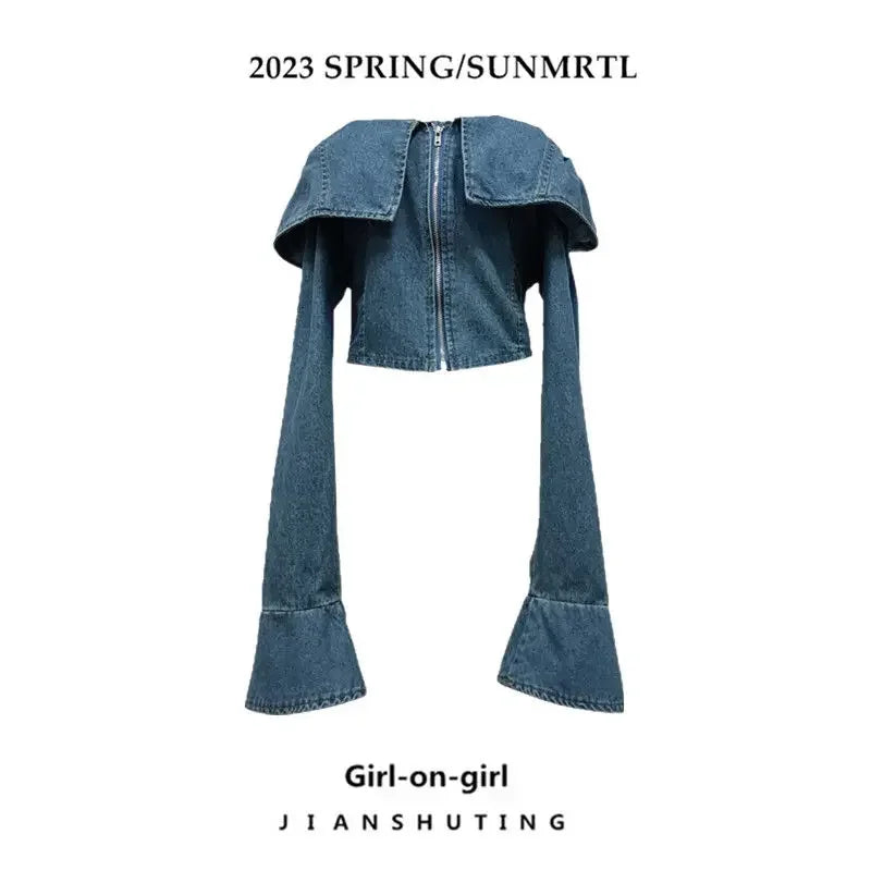 BXOXO Vintage One Line Neck Denim Shirt Women Hong Kong Style Off Shoulder Long Sleeve Blouse Sweet Spicy Slim Crop Top Women Clothing