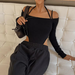 Bxoxo Sexy Off Shoulder Halter Bodysuit Aesthetic Spaghetti Straps Long Sleeve T Shirt Women Slim Fit Party Clubwear Bodysuits