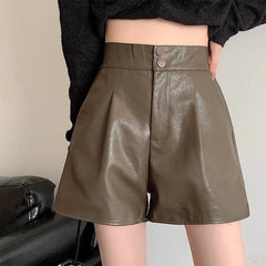 BXOXO Women PU Leather Zipper Shorts Buttons Casual High Waist A-line Shorts Chic Office Loose Trousers For Women Autumn Winter