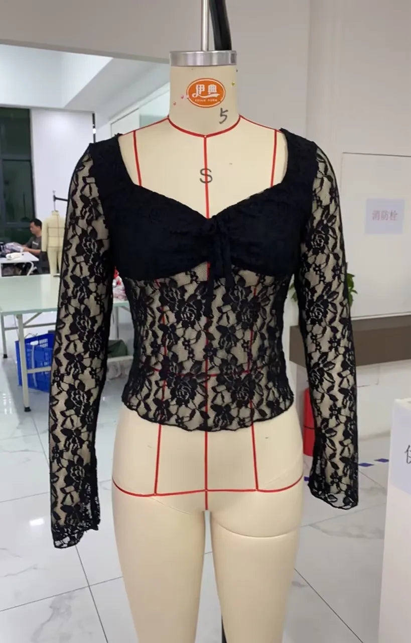 BXOXO Women Crop Lace Tops Summer Sweetheart V-Neck See-Through Long Sleeve Shirt for Club Streetwear Aesthetic Clothes