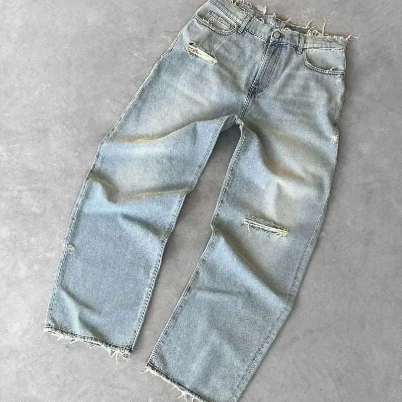 Bxoxo Washed Ripped Distressed Jeans Women and Man Hole Embroidery Wide Leg American Retro Denim Pants Baggy Punk Streetwear