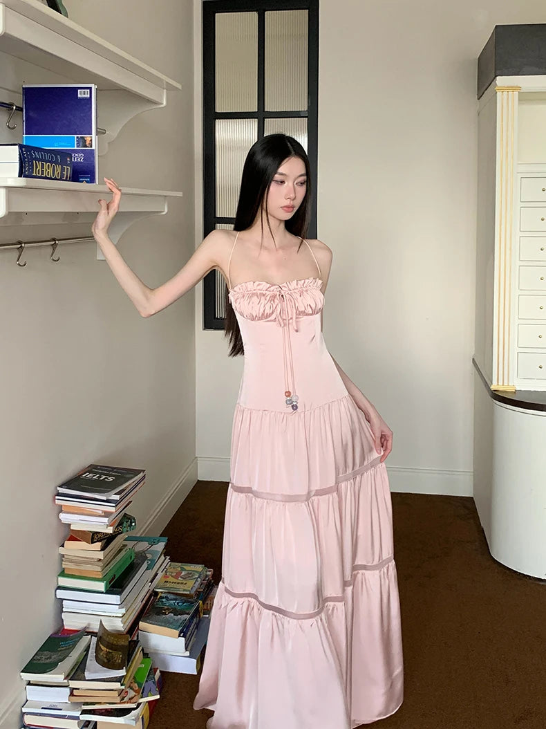 Bxoxo Pink Satin Backless Maxi Dress For Woman Shirring Beading A Line Long Tube Dress 2025 Summer Vacation Clothes