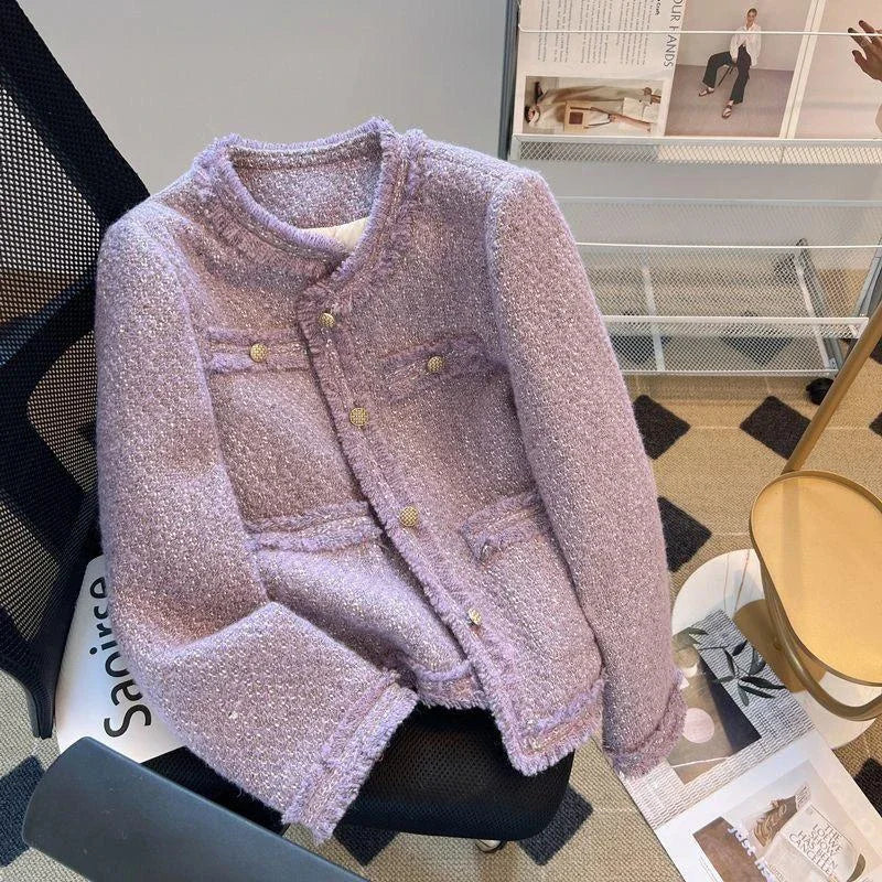 Bxoxo Purple Tweed Jacket Women Vintage O-Neck Metal Single Breasted Cropped Coat Autumn Winter Korean Style Elegant Jackets for Women