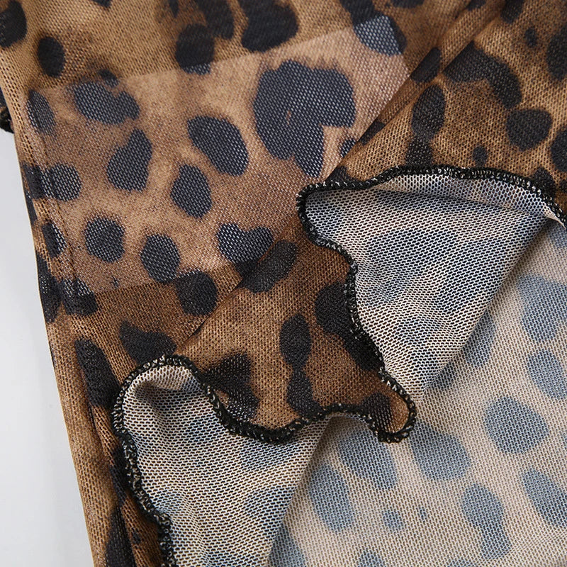 Bxoxo Leopard Shirt y2k Clothing Women Front Tie-up Ruffled Trim Flared Long Sleeve Mesh Blouse Top Grunge Clothes Streetwear
