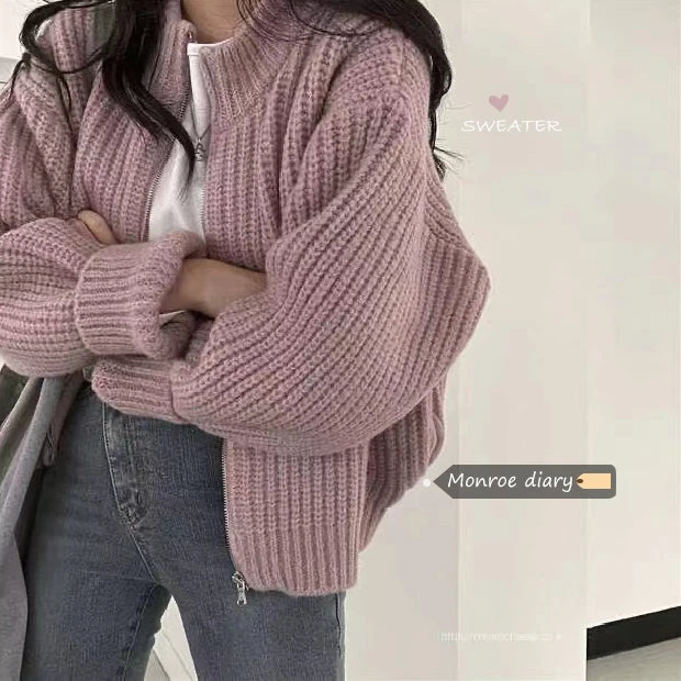 Bxoxo Women's Zip Up Sweater Cardigan Chunky Knit Stand Collar Zipper Front Plain Sweater Jacket Ladies Korean Chic Fall Winter Outfit