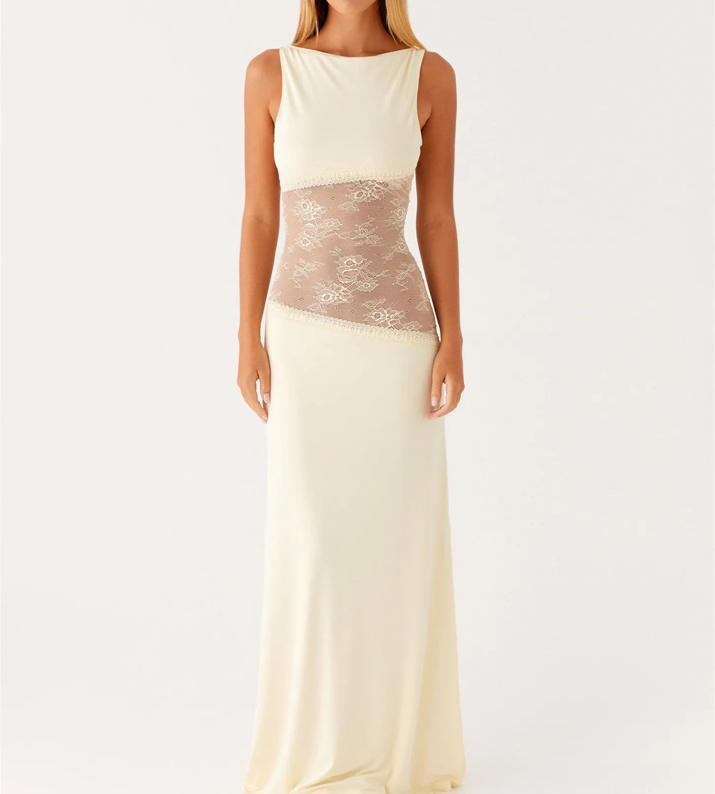 BXOXO Women Bodycon Maxi Dress Lace Patchwork Sleeveless Backless Long Pencil Dress Y2K Slim Fit Club Party Wedding Dresses