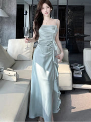Bxoxo Party Chic Elegant Satin Split Sling Dresses For Woman Ruffles High Waist Folds Long Dress Prom Female Clothes 2025 New Robe