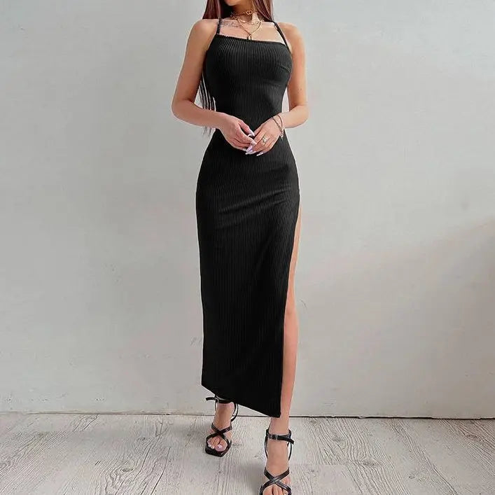 BXOXO Sexy Black Long Bodycon Dress Women Summer Sleeveless Blackless Halter Neck Spaghetti Strap Dresses High Split Vestidos