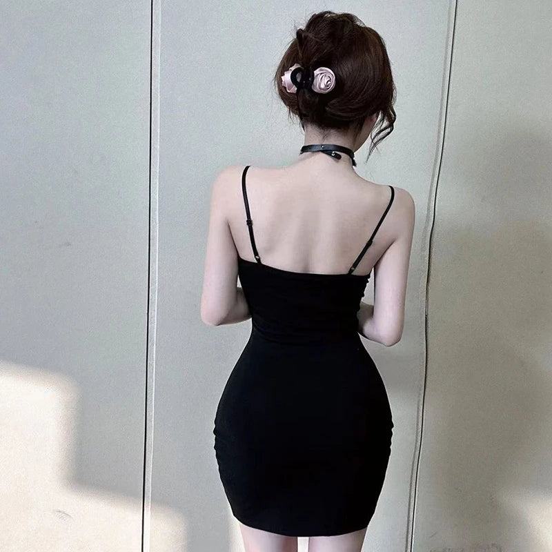 Bxoxo Y2K Black Hollow Out Slim Dress Women Summer Sexy Low Cut Camis Vestidos Female Fashion Mesh Patchwork Skinny Mini Dress