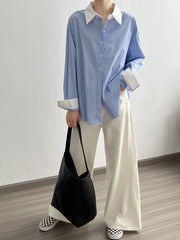 Bxoxo  Spring New Blouse Blue and White Striped Contrasting Design Shirts Women Korean Fashion Loose Versatile Mid-length Top Wome