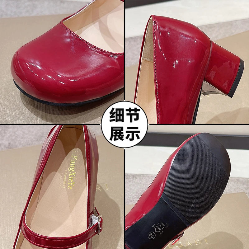BXOXO Women Shoes High Heels Mary Janes Shoes Patent Leather Thick Heel Pumps Buckle Round Toe Female Footwear White Red