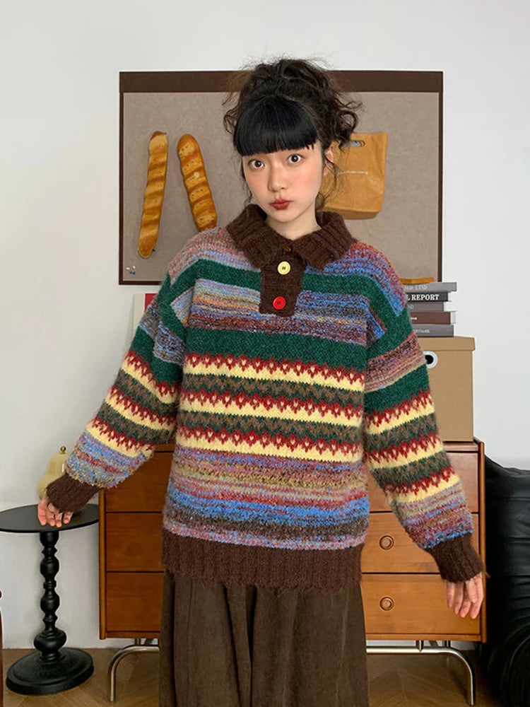 Bxoxo Vintage Print Harajuku Sweaters Women Loose Casual Knitted Pullover Lazy Wind Retro Female Preppy Style Long Sleeve Jumper Tops