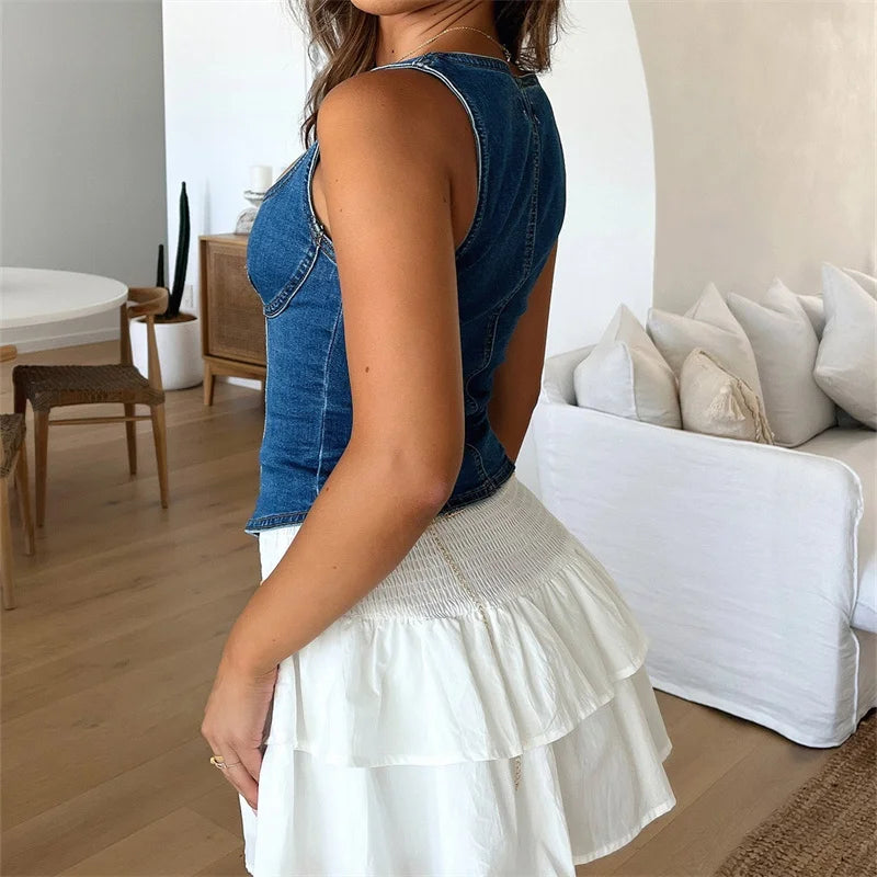 Bxoxo Women Fashion Denim Tank Tops Solid Color Square Neck Buttons Casual Vests Summer Fashion Sleeveless Tops Streetwear