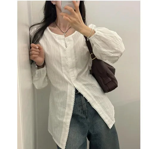 Bxoxo Chic Long Sve Embroidered Button Trim Striped irt Women's Faion Cotton 00% Versatile Sle Spring Collection
