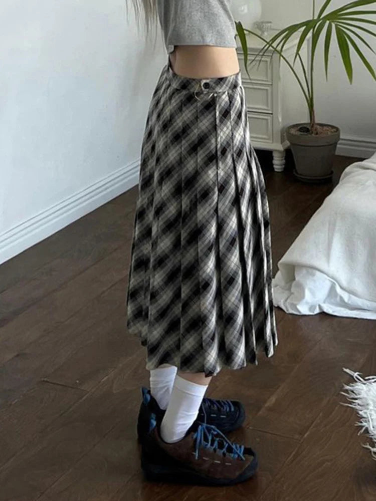 BXOXO Plaid Striped Pleated Skirts for Women Harajuku Summer Low Waist Midi Skirt Women y2k Aesthetic Fashion Schoolgirl