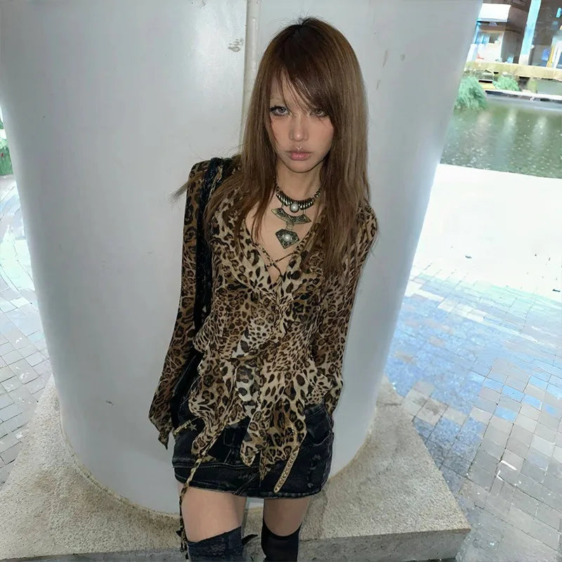 Bxoxo Japanese Y2k Leopard Print Shirt Vintage Harajuku Ruffled Blouses Grunge Aesthetics V-neck Irregular Shirt Trashy 90s