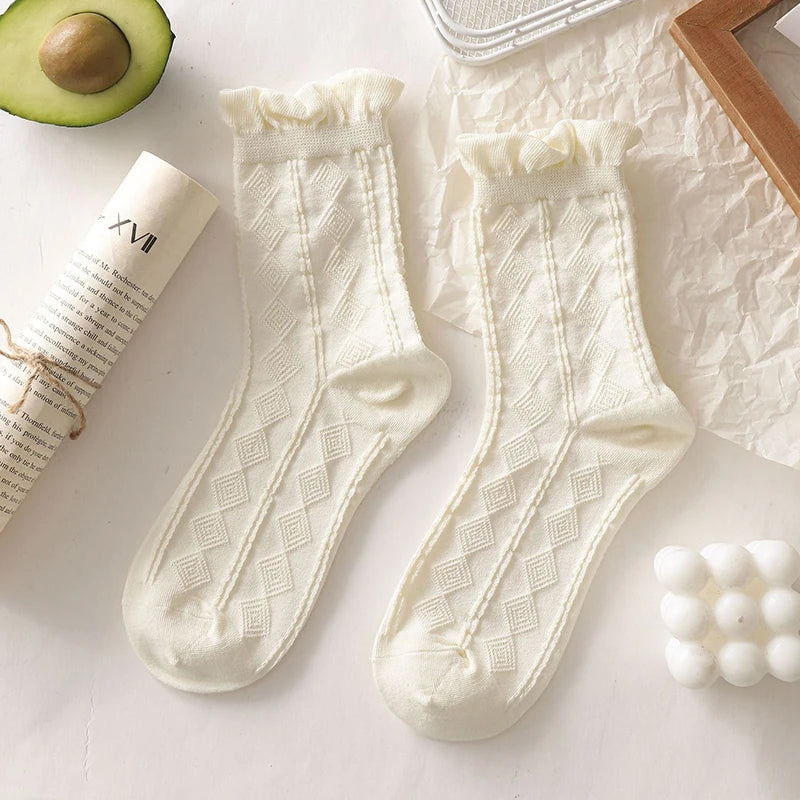 BXOXO Simple White Socks Versatile Lovely Bowknot Small Flowers Women's Medium Tube Socks kawaii Harajuku jk Lolita Girls Cotton Socks