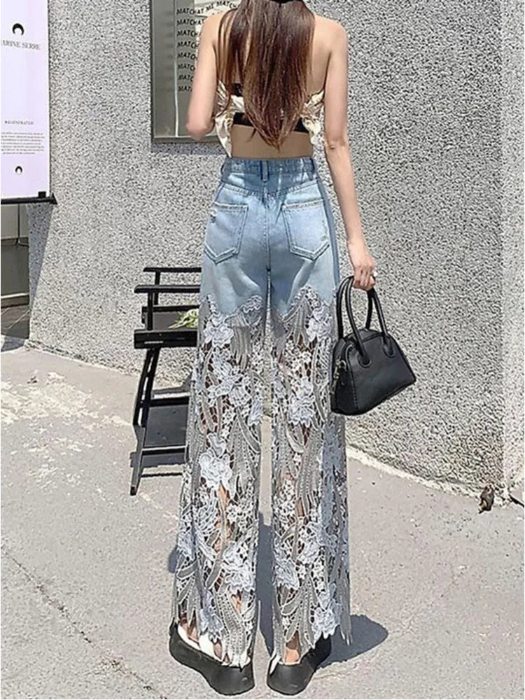 Fashion Elegant Jeans For Women High Waist Lace Splicing Hollow Out Irregular Pantalones De Mujer Casual Slim Denim Long Pants