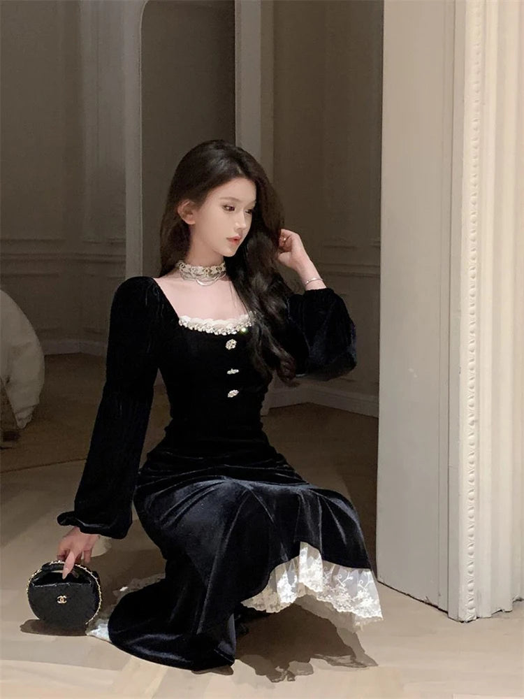Bxoxo Lace Patchwork Black Dress Women Fall Winter French Elegant Square Collar Midi Dress Ladies Gold Velvet Party Fishtail Vestidos