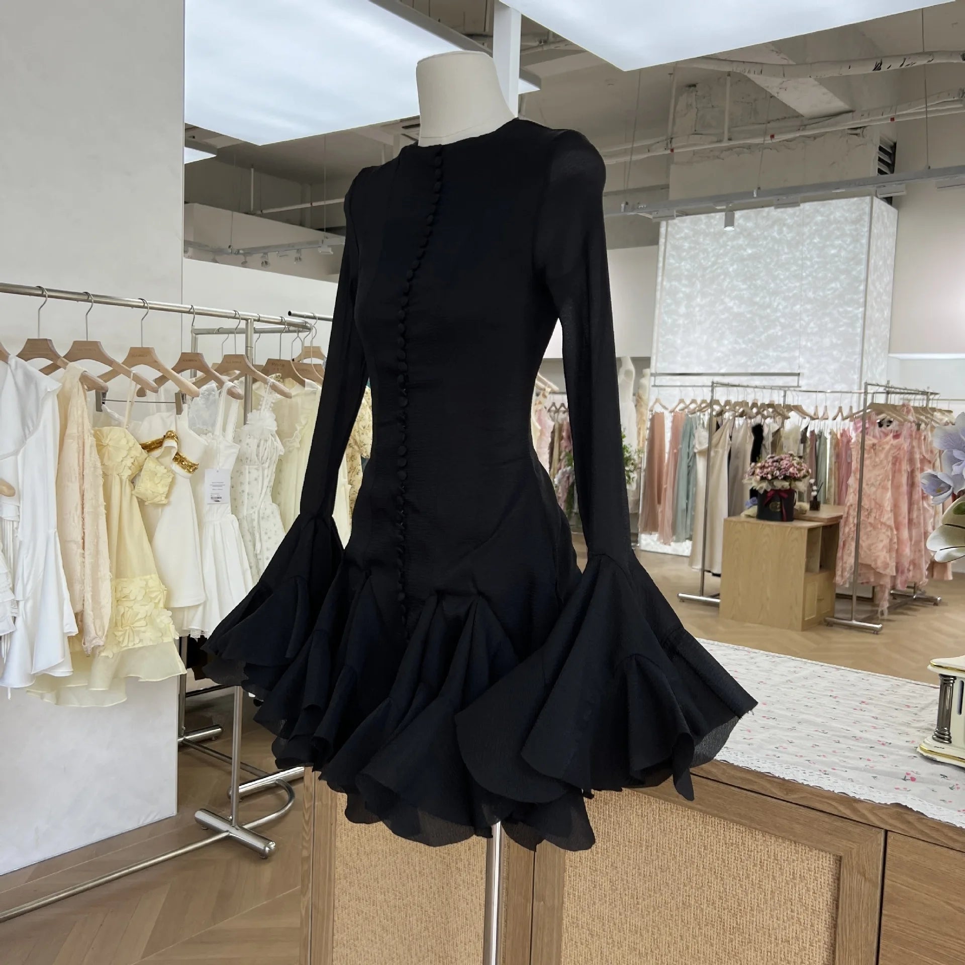 BXOXO Luxury Long Sleeve Ruffles Short Dresses Women's Summer Holiday Single Breasted Gauze Prom Evening Party Cake Dress Lady Quality