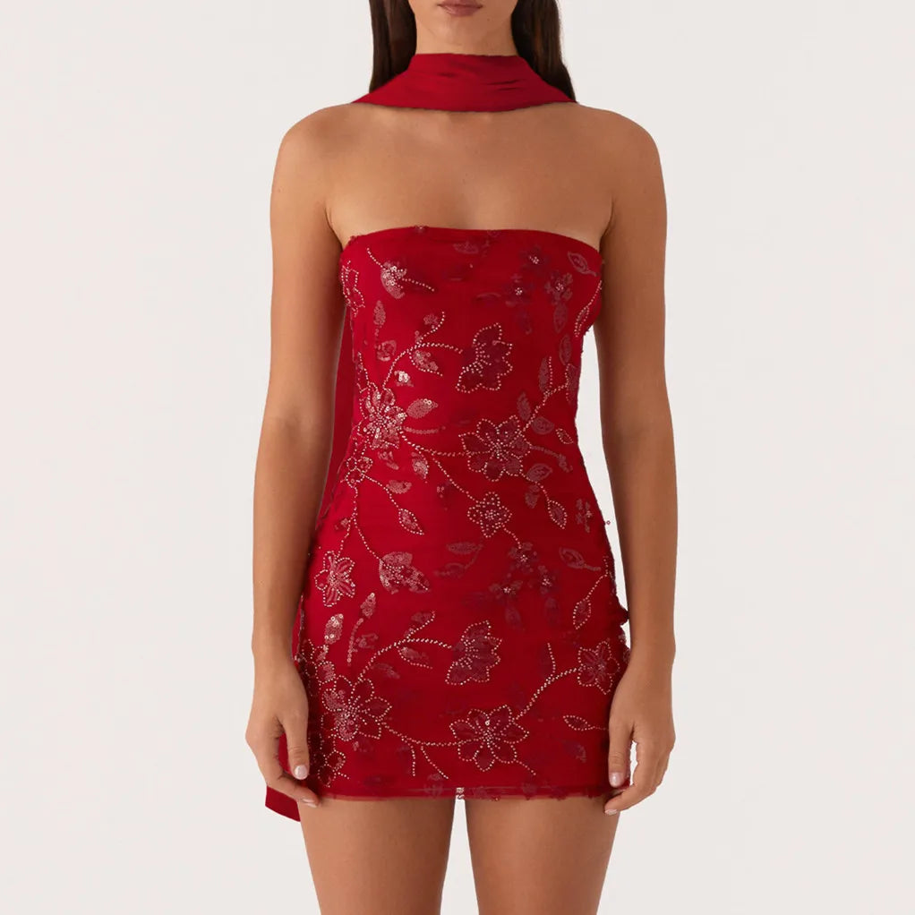 BXOXO Fashion Women Summer Sequin Mini Bandeau Dress Sleeveless Off Shoulder Flower Embroidery Tube Top Dress with Scarf