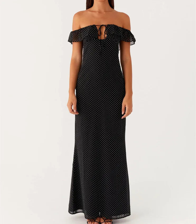 BXOXO Women Off Shoulder Long Dress Slim Dot/Plaid Tie-up Cut Out Ruffle Sleeve Backless Bodycon Dress for Party Club