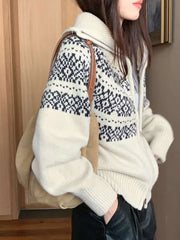 Bxoxo Print Retro Zipper Cardigan Women Loose Turtleneck Long Sleeve Korean Knitted Sweaters Vintage Female Casual Sweet Tops New