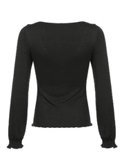 BXOXO Spring Fall Women T-Shirts Y2k Long Sleeves Scoop Neckline Retro Lace Hem Tops Korean Style Basic Tee Vintage Club Streetwear