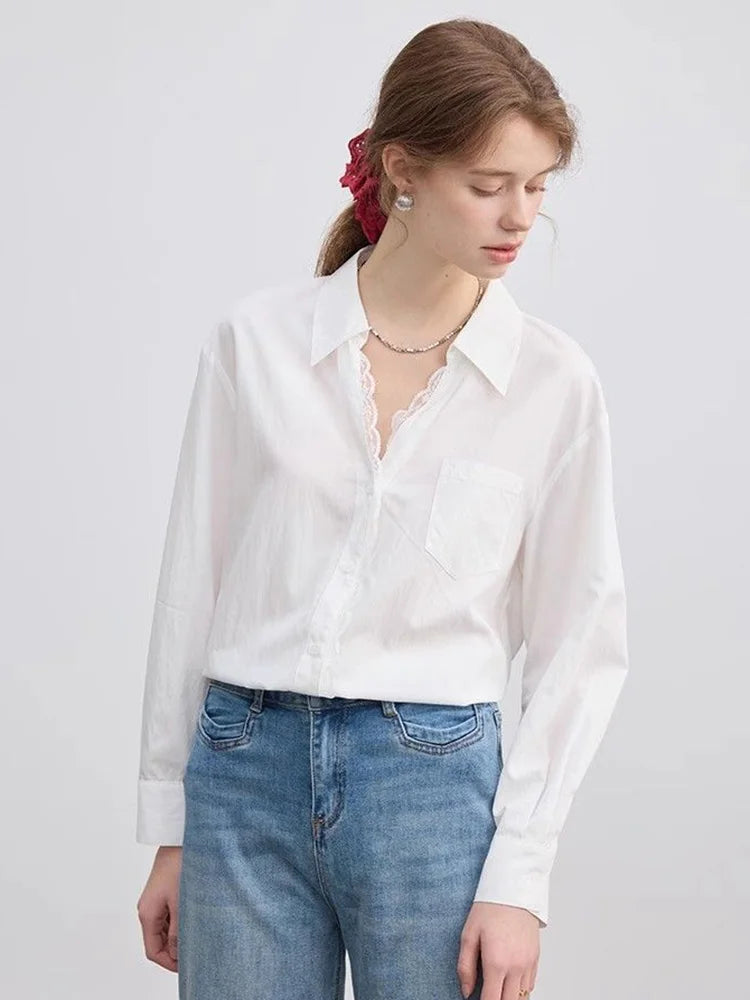 Bxoxo Lace Patchwork White Shirt Women Elegant Long Sleeve Vintage Blouse American Casual Autumn Female Sweet Pocket Retro Tops