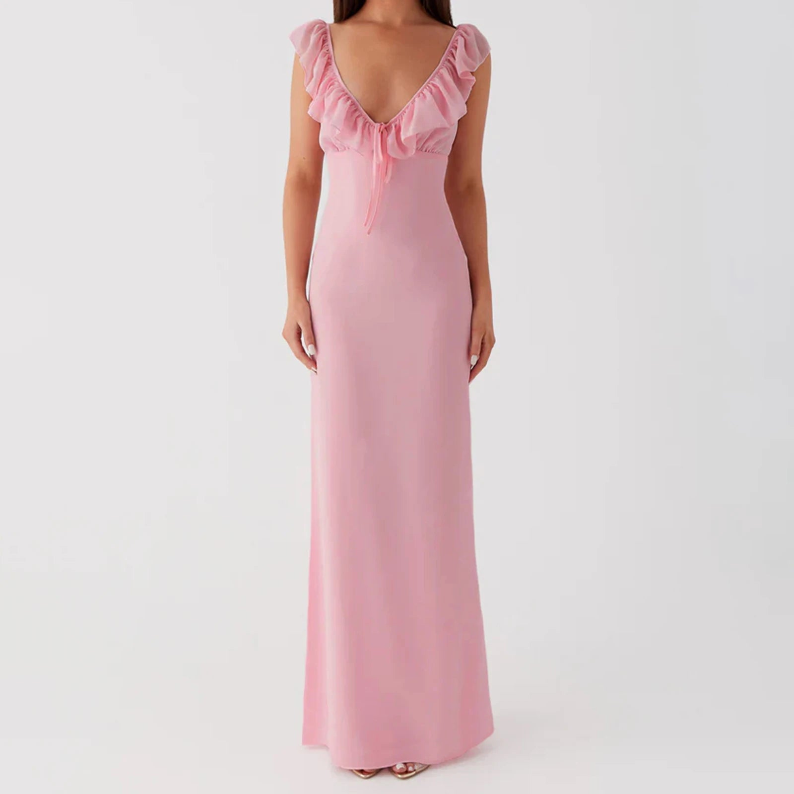 BXOXO Women Ruffle Trim Cami Dress Slim Solid Color Deep V Neck Open Back Tie Long Evening Dress for Party Clubwear