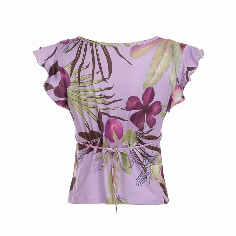 BXOXO Flower Prints V-Neck Butterfly Sleeve Slim Fit T-Shirts Summer Fashion Chic Design Blouses