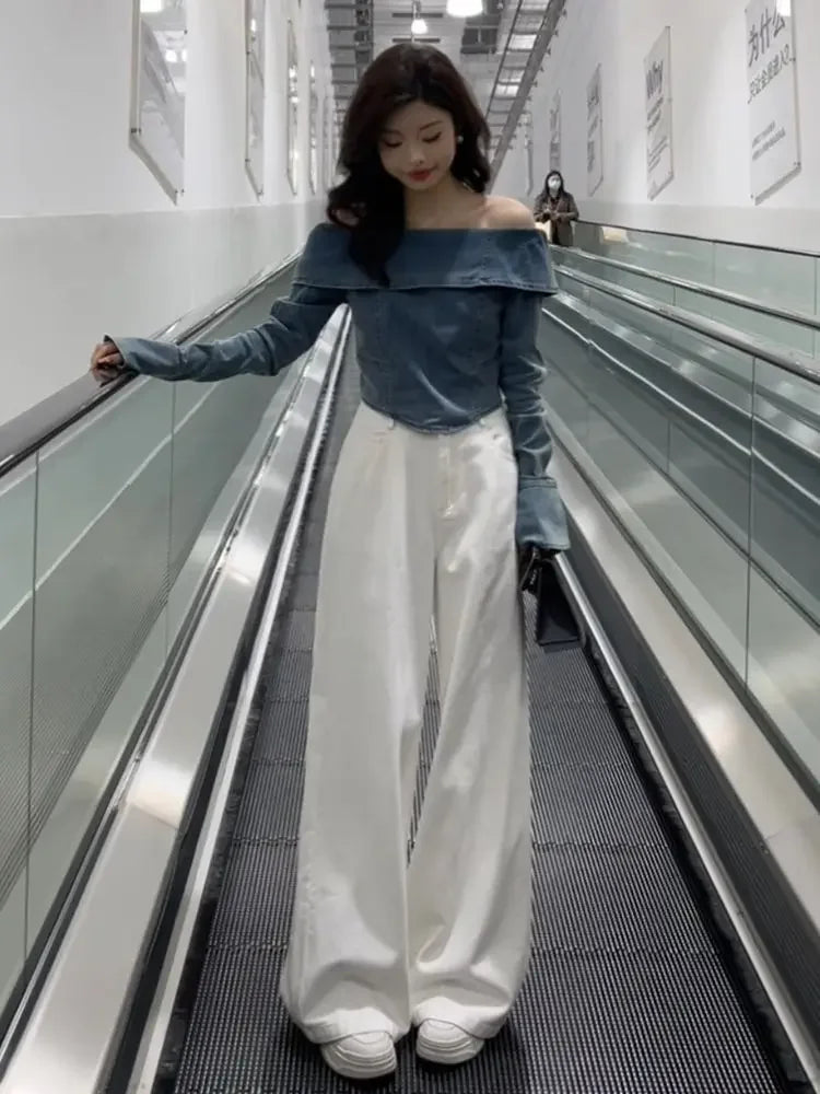 BXOXO Vintage One Line Neck Denim Shirt Women Hong Kong Style Off Shoulder Long Sleeve Blouse Sweet Spicy Slim Crop Top Women Clothing