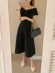 Bxoxo Long V-Ne Bla Dr Women's Korean Sle A-Line Skirt High Waist Summer New Faion mat Casual Dr