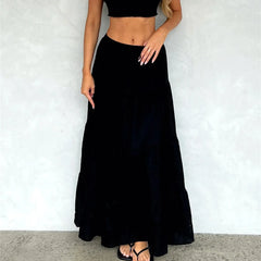 BXOXO Women Boho Long Skirt Y2k Elastic High Waist Ruffle Pleated Swing Maxi Skirt Casual Tiered Prairie Flowy Aline Skirt