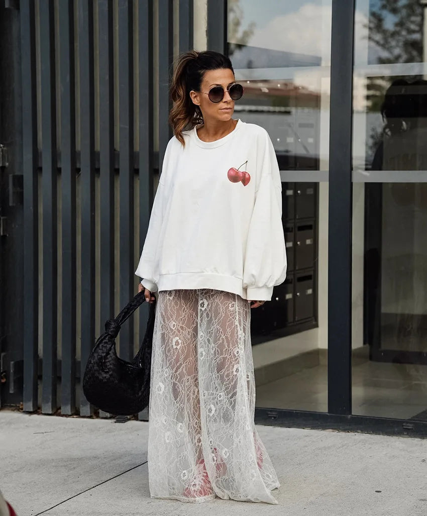 Bxoxo New Jacquard Lace Sheer Long Skirt Women Elastic Waist White Sexy Transparent Maxi Skirts Female Streetwear Fashion Faldas Jupe