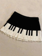 Bxoxo American Vintage Black White Piano Keys Skirts Y2k Slim Waist Ruched A-line Skirt for Women 2025 Summer New Faldas Mujer
