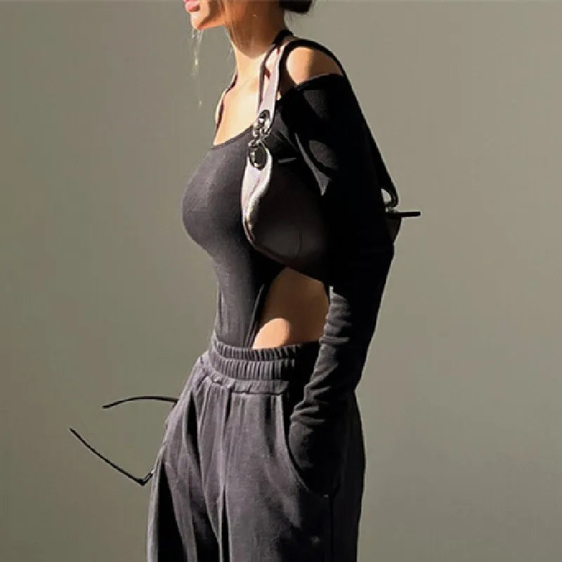 Bxoxo Sexy Off Shoulder Halter Bodysuit Aesthetic Spaghetti Straps Long Sleeve T Shirt Women Slim Fit Party Clubwear Bodysuits