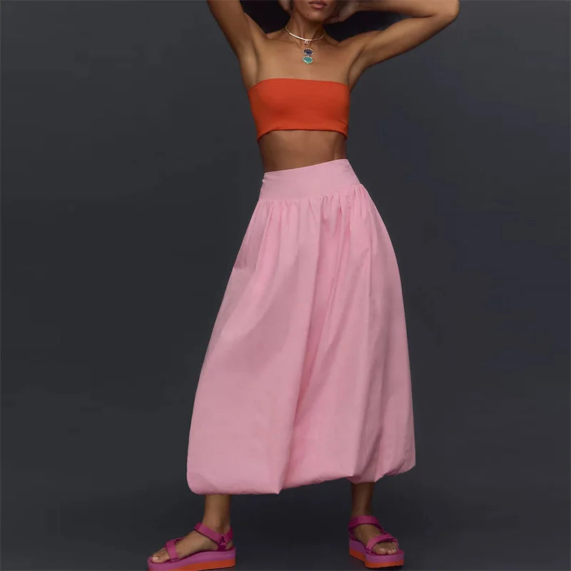 Bxoxo Skirts y2k Women Summer Elegant Solid Color High Waist Loose Fitting Long Bubble Skirt Office Ladies Skirts Streetwear