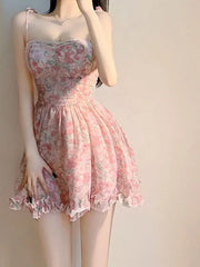 BXOXO Sweet New Pink Sexy Dress Sweet Fresh Style Fragmented Flowers Print Waist Wrapped Slim Student Summer Short Lovely