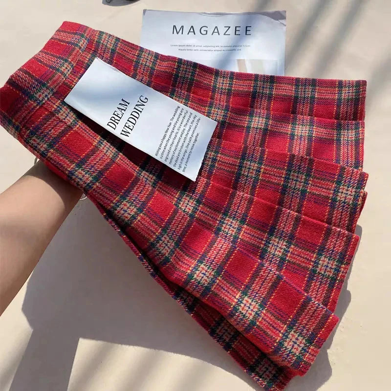 Bxoxo Plaid Woolen Pleated Skirts for Women Fall Winter High Waist Preppy Warm Mini Skirts Lady Fashion Korean All-Match A Line Skirts