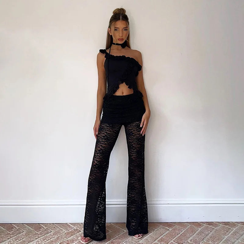 Bxoxo Stacked Lace Pants Women Solid Sexy See Through High Waist Slim Trouser Simple Solid Trend Female Stunning Chic Bottoms