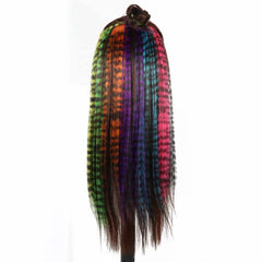 BXOXO 18" Synthetic Long Straight Women High Temperature Synthetic Clip In Hair Extension Hairpiece Feather Wig Blue Rose Colorful