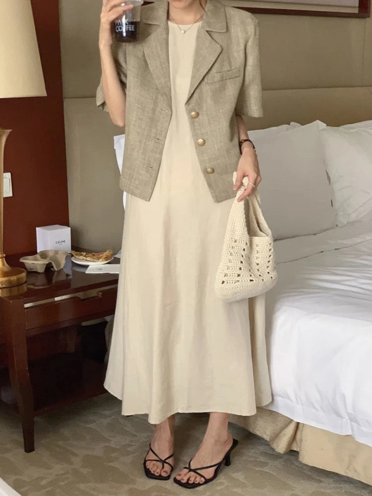 Bxoxo Summer Chic Hollow out Bal Midi Dr round Ne Svel Dr Ele Korean Sle Loose Waist A-Line Skirt Dr