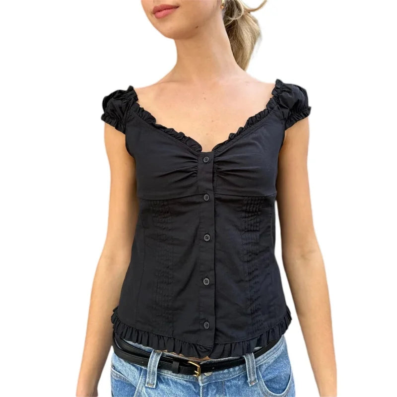 Bxoxo y2k Tank Top Women Summer Clothes Solid Color Cap Sleeve Button Down Slim Fit Frill T Shirt 2000s Vest Streetwear