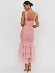BXOXO Mesh Backless Sexy Maxi Dress For Women Gown Two Layer Spaghetti Strap Sleeveless Ruched Bodycon Club Party Dress