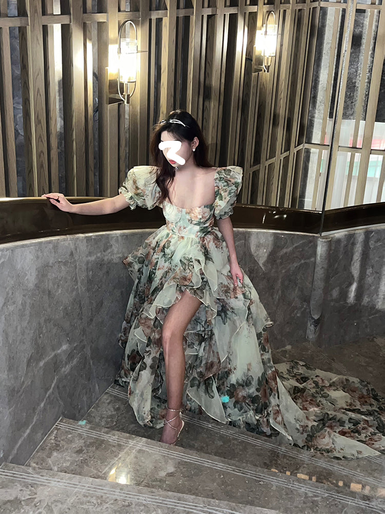 Bxoxo Summer Even Floral Dress Women Casual Short Sleeve Long Dress Office Lady Birthday Party Formal Dress Korean Holiday Chic